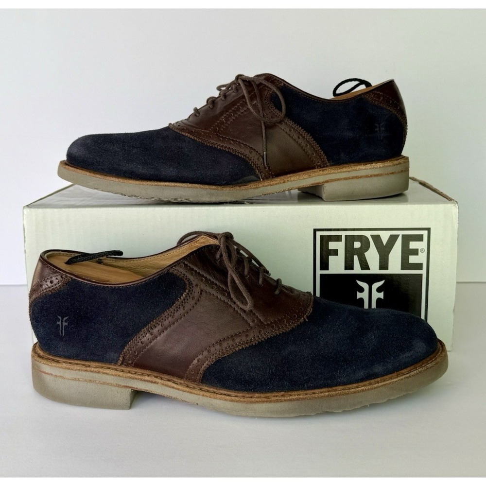 FRYE Mens Jim Saddle Indigo Suede Brown Leather Oxford Dress Casual Shoes Sz 10M